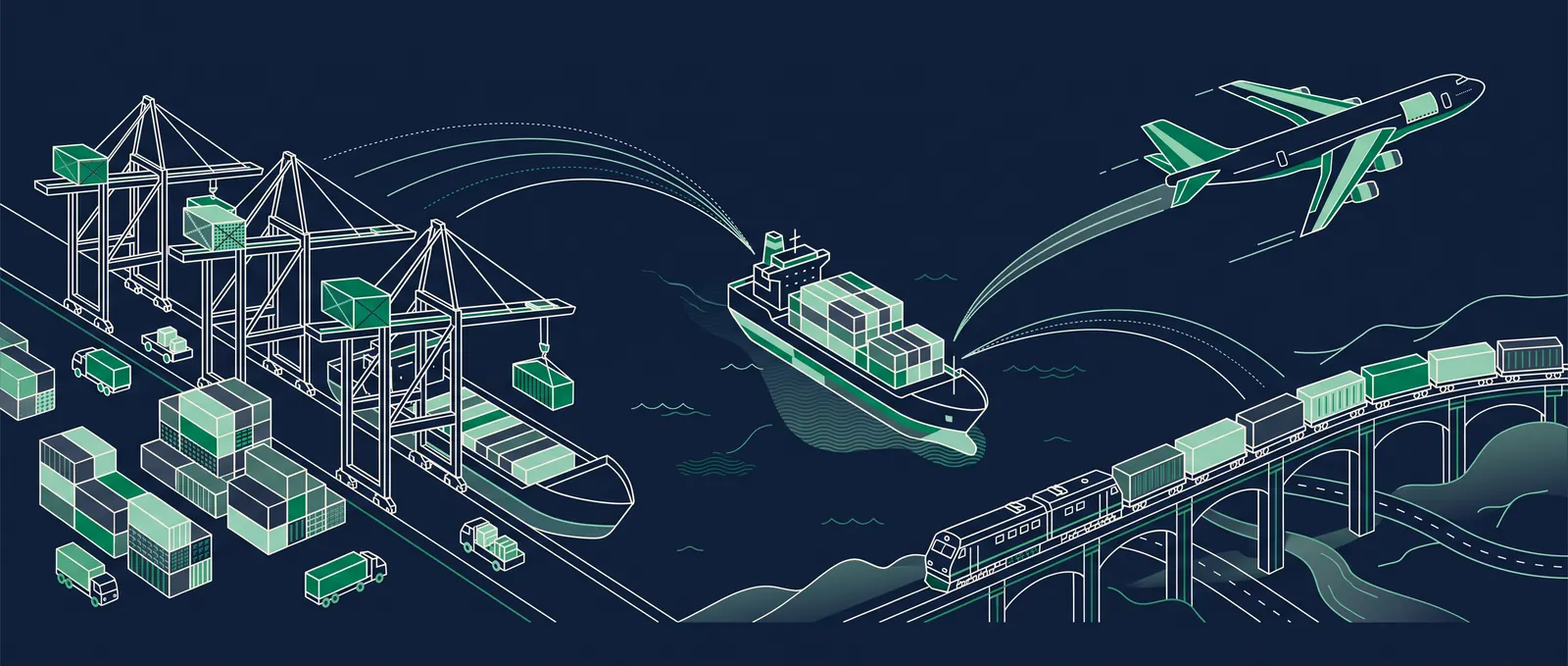 Illustration of a Chinese container port, a container ship, a cargo aircraft and a freight train linked by shipping routes.